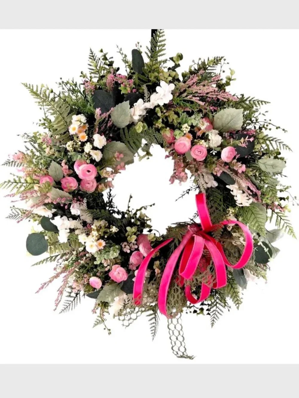 Handcrafted Pink Ranunculus Floral Wreath, Mother's Day Gift, Cottage Garden